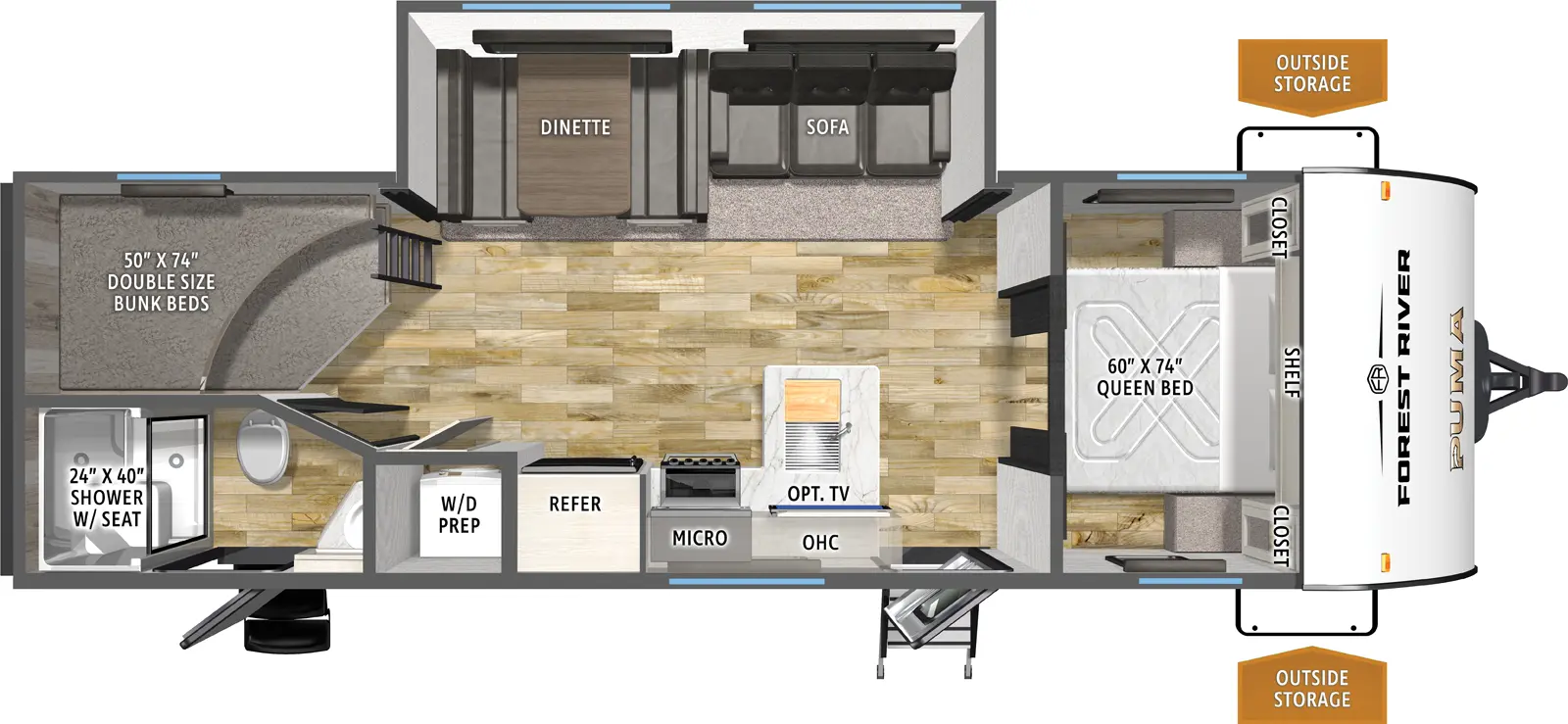 The Puma Camping Edition 284BHCE floorplan has two entries and one slide out. Exterior features include: metal exterior. Interiors features include: bunk beds and front bedroom.